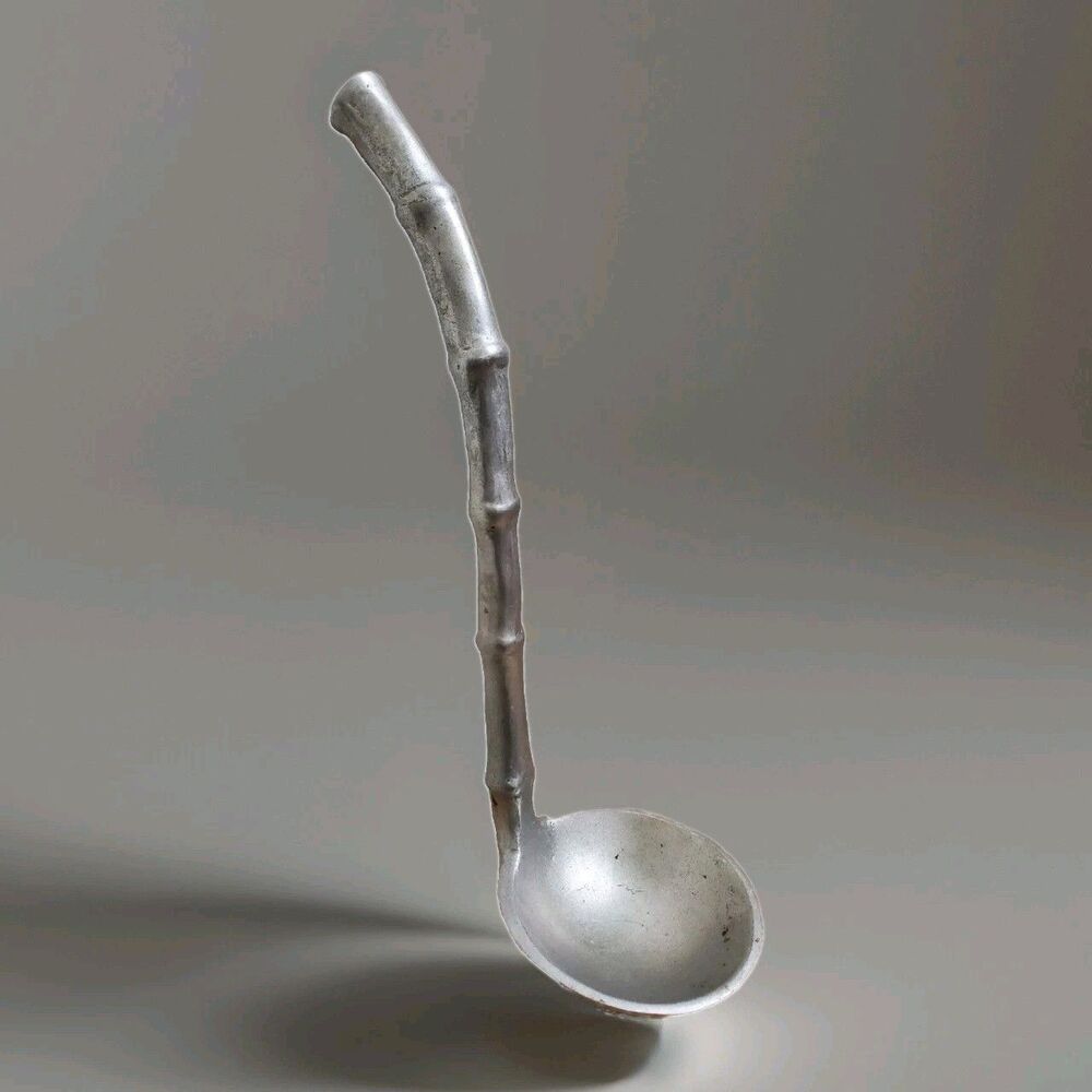 Crate & Barrel(?) Ladle Pewter Spoon Hammered Bamboo Pattern Grained Handle 12"